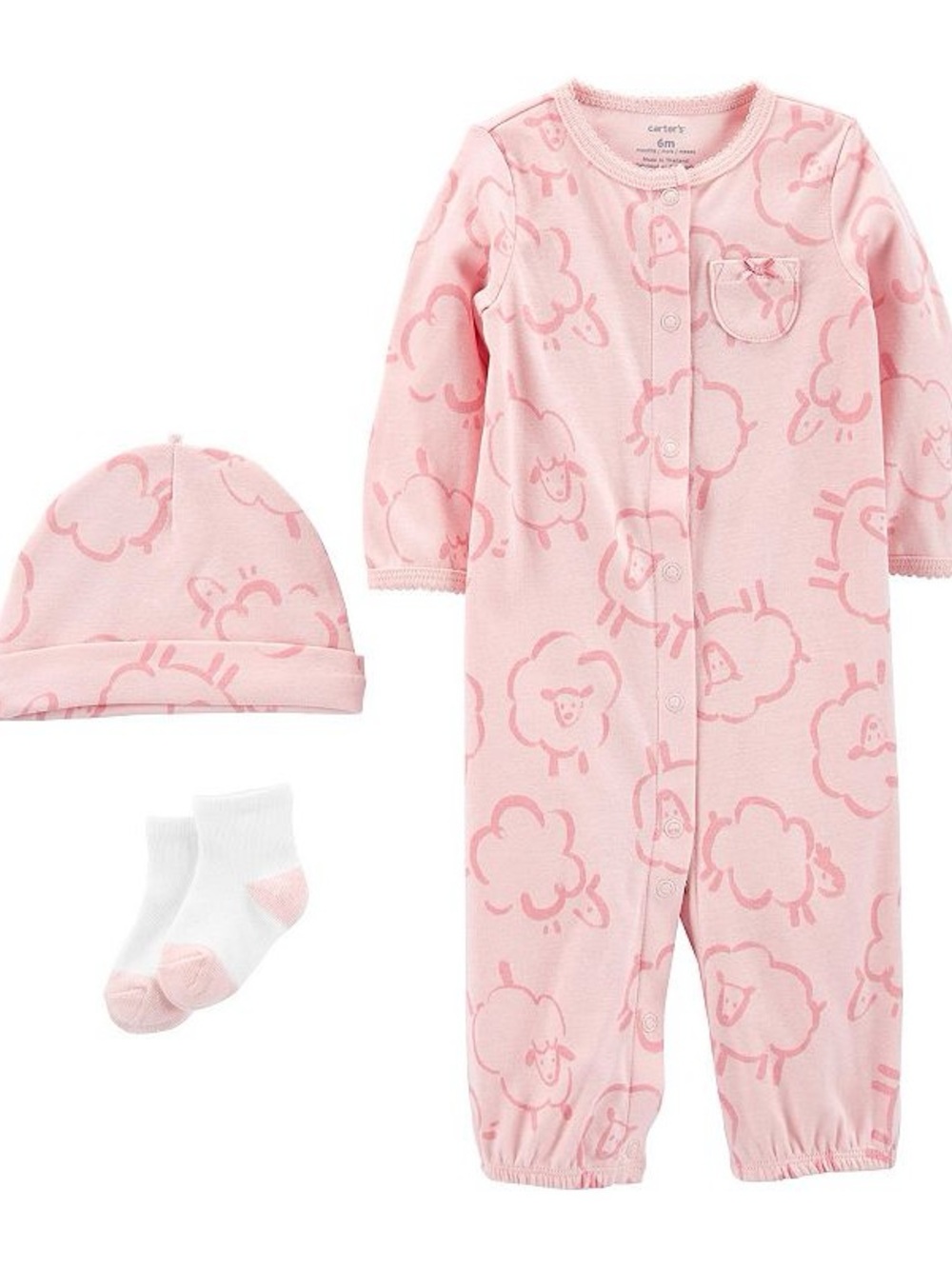 Carter's Pink Sheep Print Romper Onsie with Matching Hat & Socks